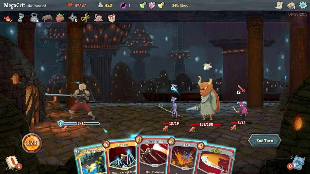 The Ironclad on the 24th Floor facing three enemies with Thinking Ahead, Reaper, Wild Strike, Bash and Strike