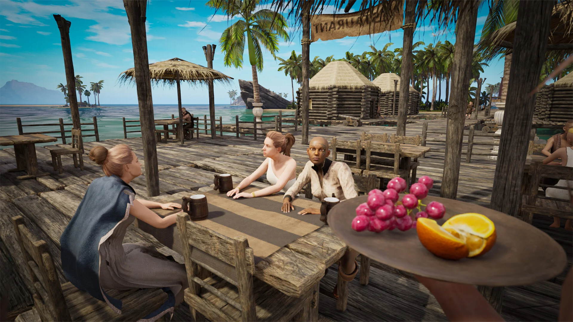 Resort Island Simulator guest cabins and decorations