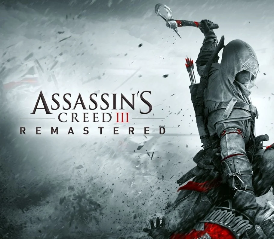 Okładka: kapturowy asasyn na koniu unosi tomahawk w padającym śniegu, tytuł Assassin's Creed III Remastered po lewej