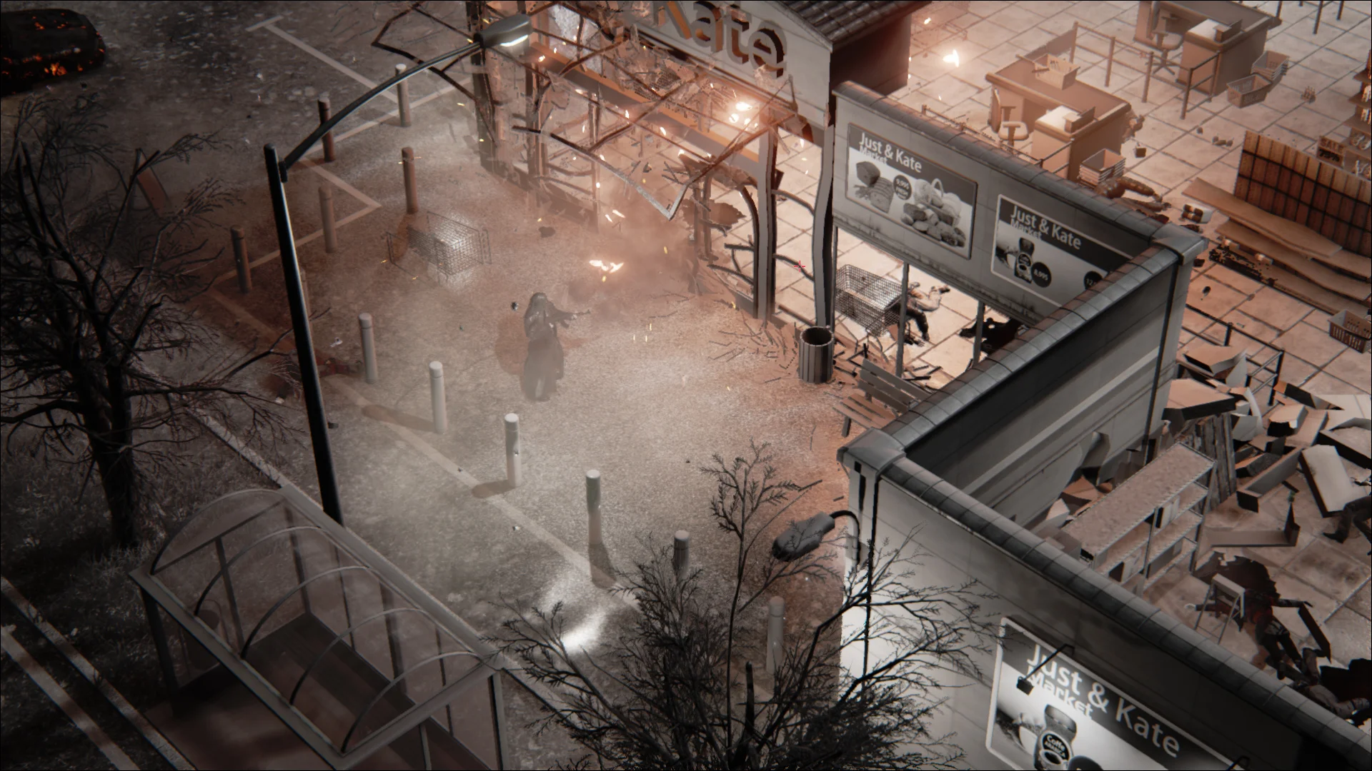 Just & Kate Market storefront with glass shattering in sparks, protagonist in black coat facing Coffee signs and a street lamp