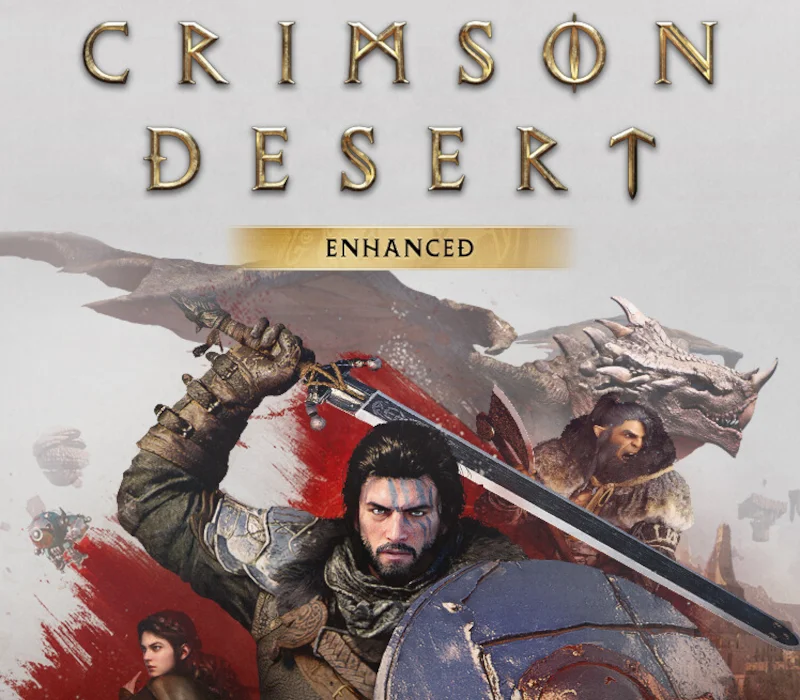 Crimson Desert Enhanced cover with a swordsman, a round shield, a dragon head, and a gold Enhanced banner