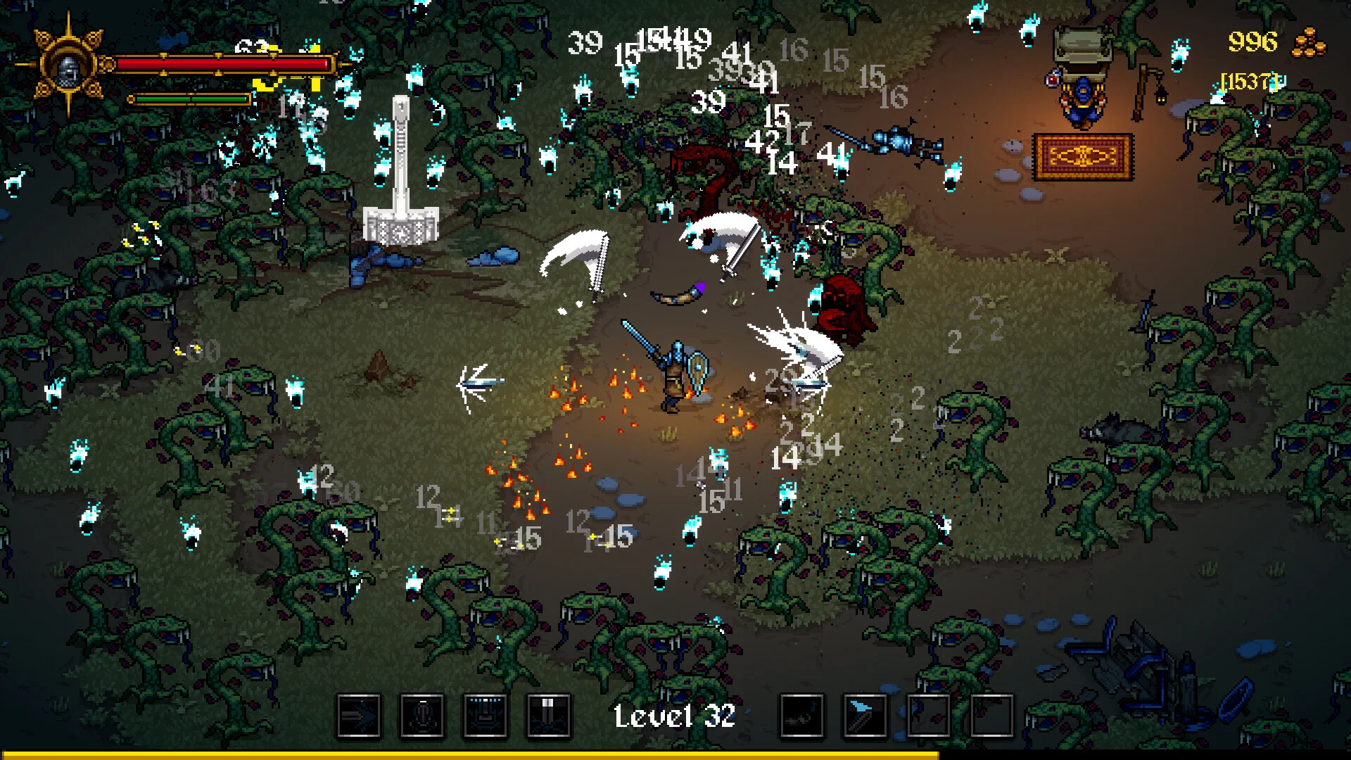 Level 32 swamp: green vine monsters, white scythes, blue flames, gold 996