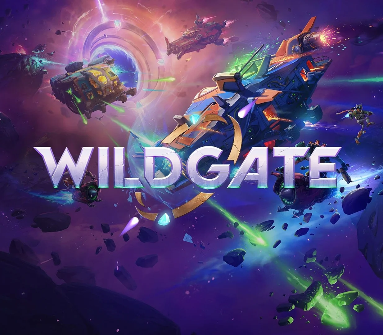 Wildgate cover, silver WILDGATE logo over a blue-gold spaceship, two smaller craft and a bright portal on purple space