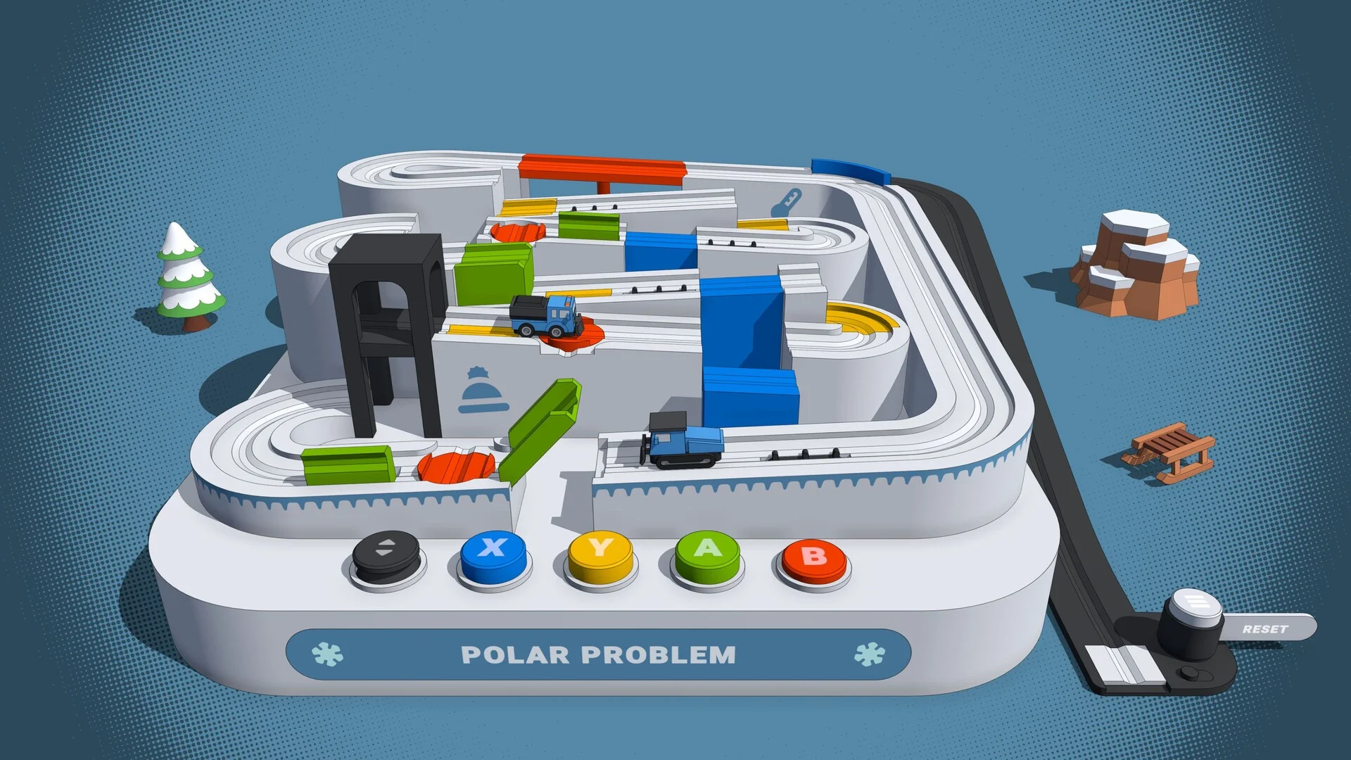POLAR PROBLEM snowy marble-run table with two blue trucks, X Y A B buttons, a RESET slider, a pine tree and snow-capped rocks