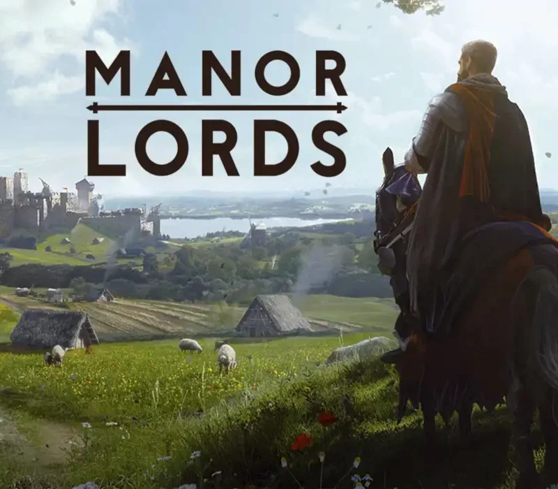 Manor Lords cover of a cloaked rider on a hill above sheep, thatched roofs and a distant castle