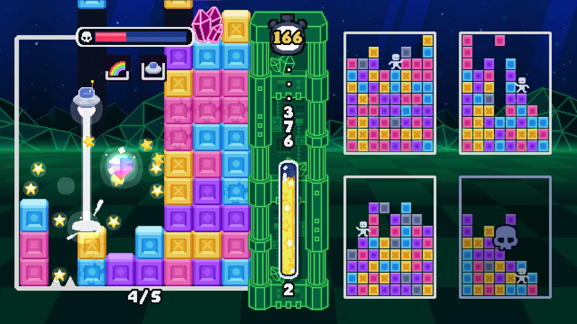 Split race: four mini boards, green timer 166, score 376, 4/5 progress on the left tower