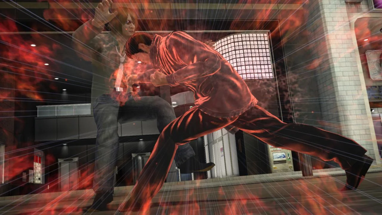 A red heat-haze street fight as a man kicks another into the air