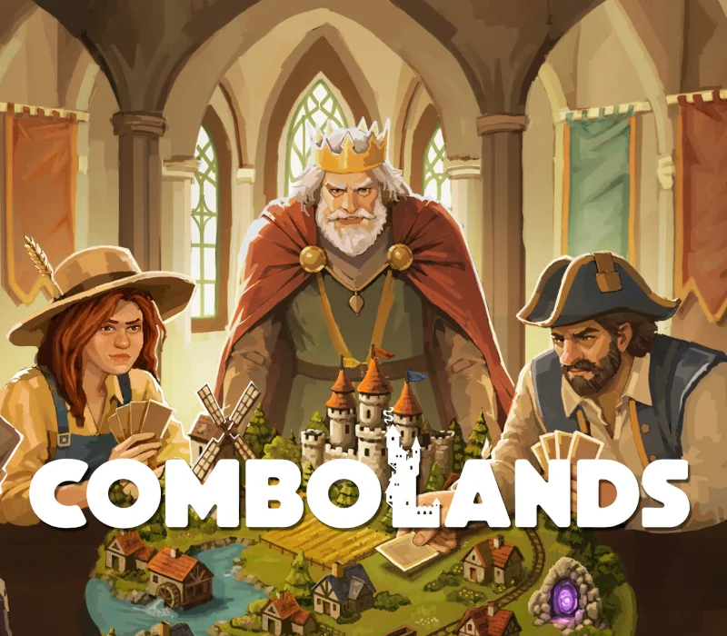 Combolands cover: king, farmer and captain around a table-city with windmill and castle