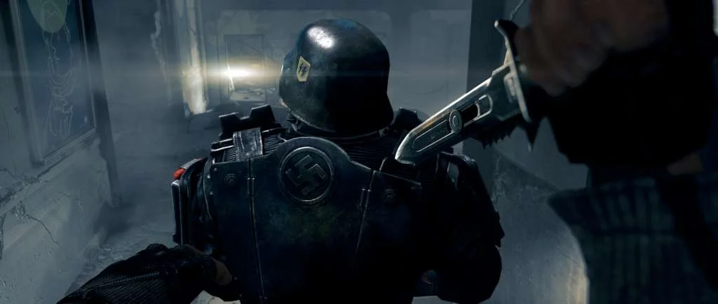 First-person knife at the neck of a helmeted officer in a cracked concrete corridor, flashlight ahead