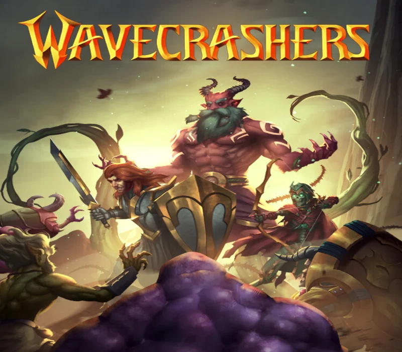 Red-haired armoured fighter, horned giant and green archer facing a purple crystal under the Wavecrashers logo