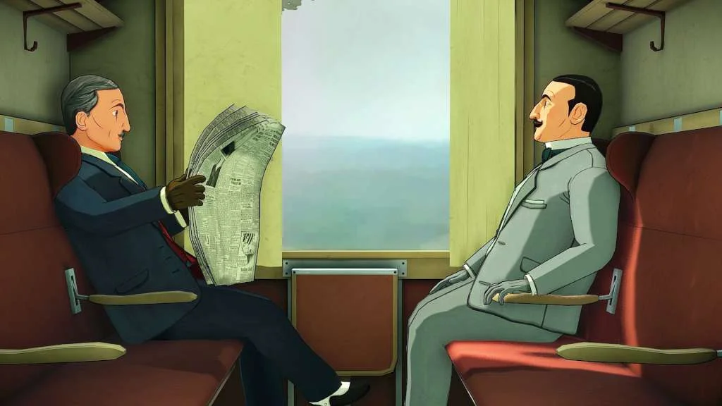 Two men in a train compartment, one reading a newspaper by the sea.