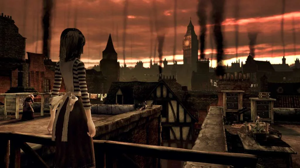 A smoky city skyline with a tall pale figure.