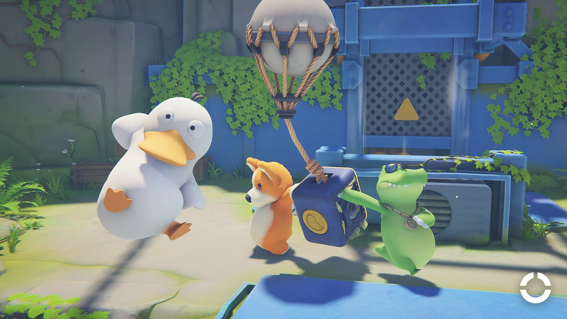 Duck, corgi and sunglasses dinosaur grabbing a parachute crate