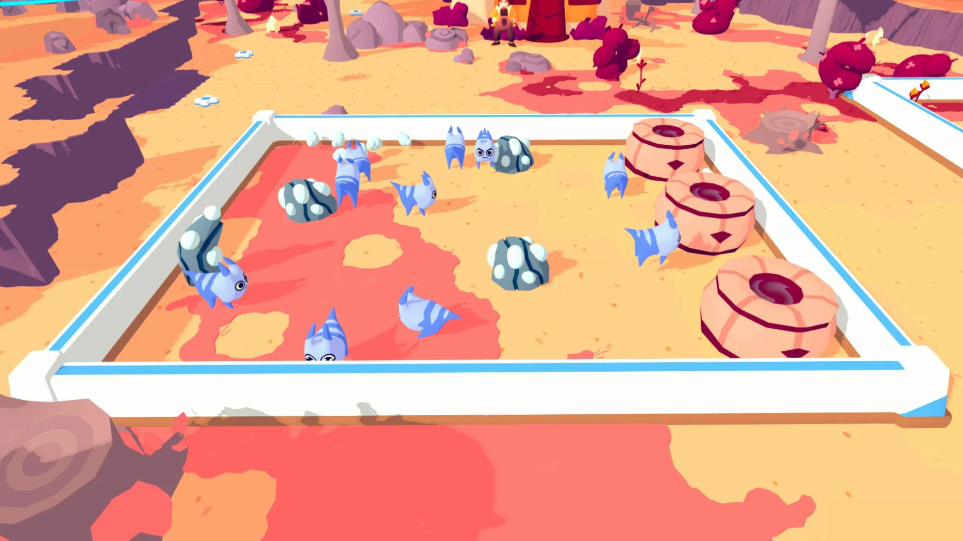White-fenced pond: blue striped fish, spotted stones, round wooden feeders on orange ground
