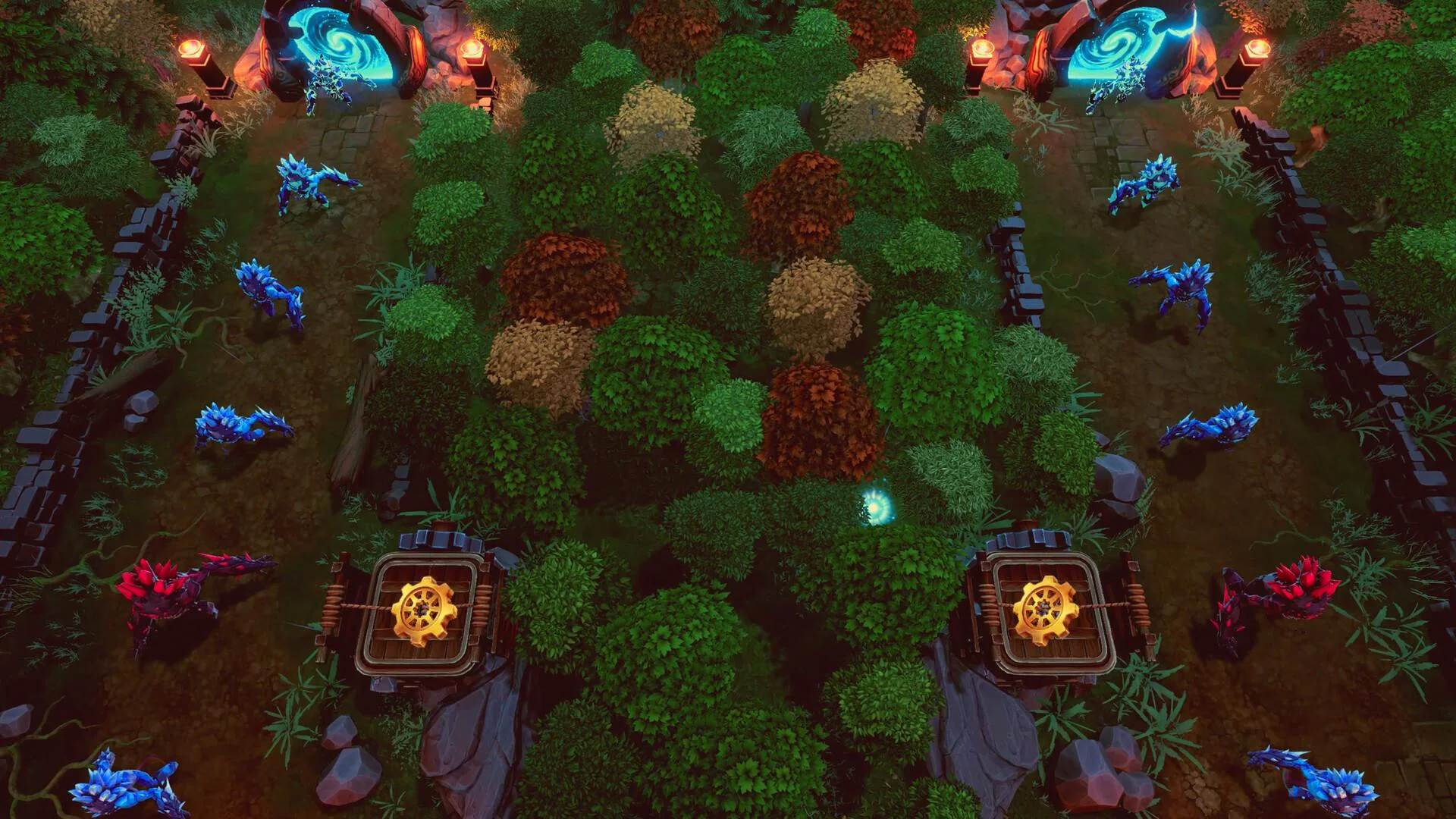 Overhead forest lanes with blue creatures, red crystals and two yellow gear turrets