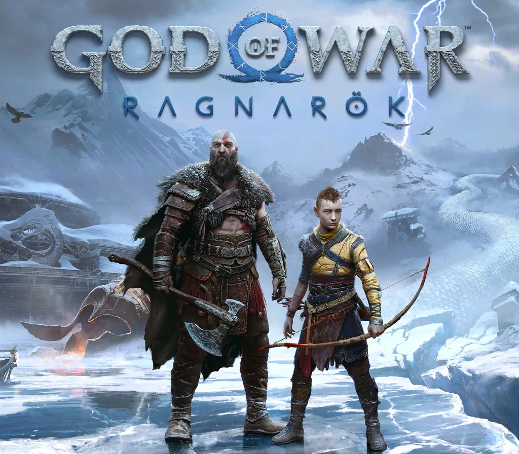 God of War Ragnarök cover of Kratos with the Leviathan Axe and Atreus with a bow on ice