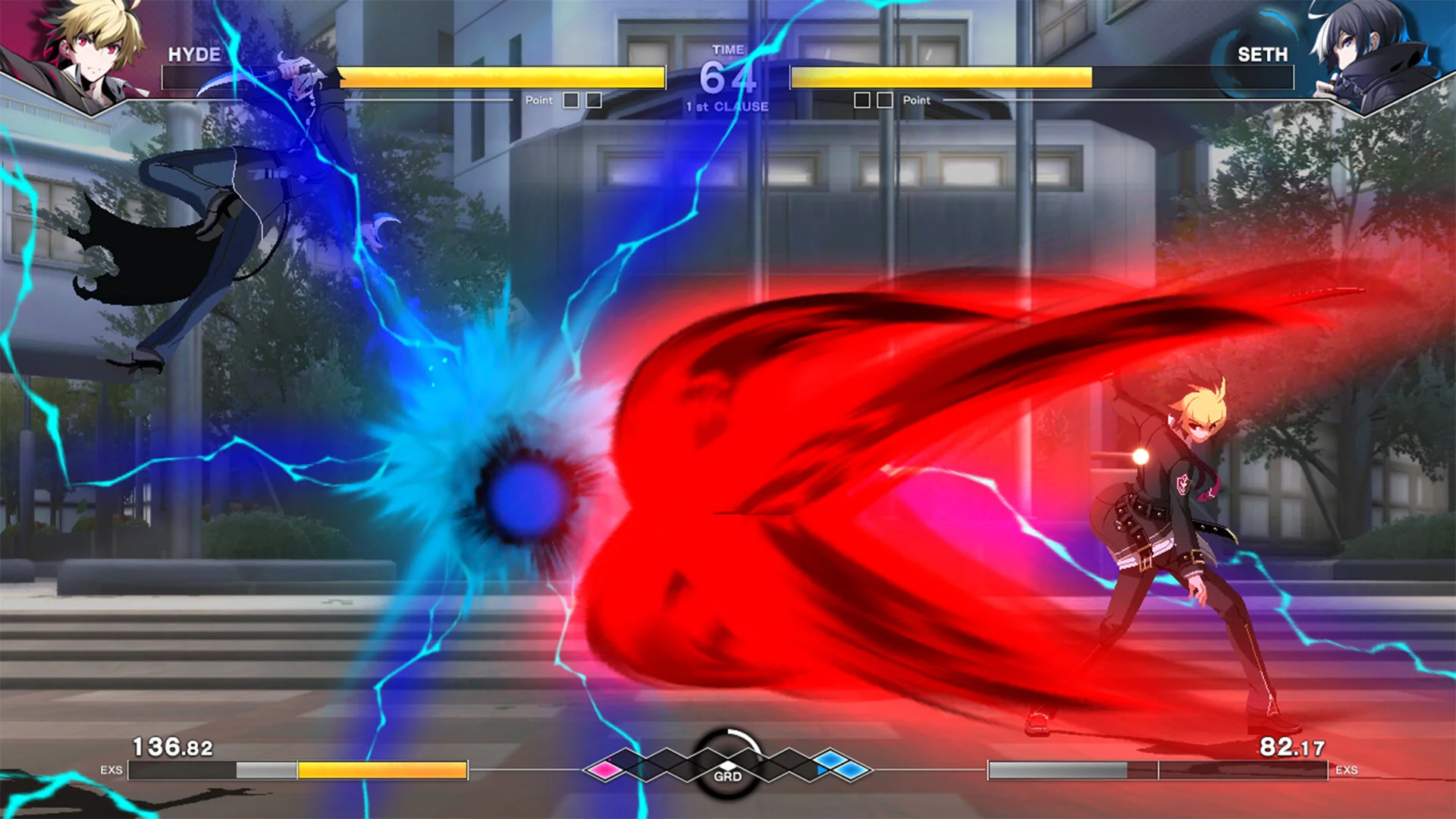Hyde vs Seth on a grey school street, TIME 64 1st CLAUSE, Hyde blue EXS 136.82 clash, Seth red slash EXS 82.17, GRD meter