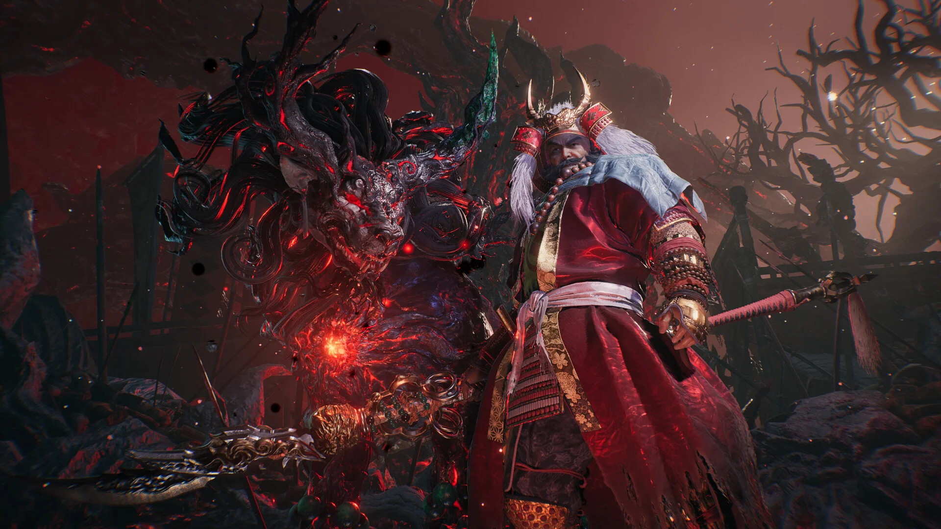 A man in a red robe and horned crown stands beside a dark horned yokai with a glowing red core