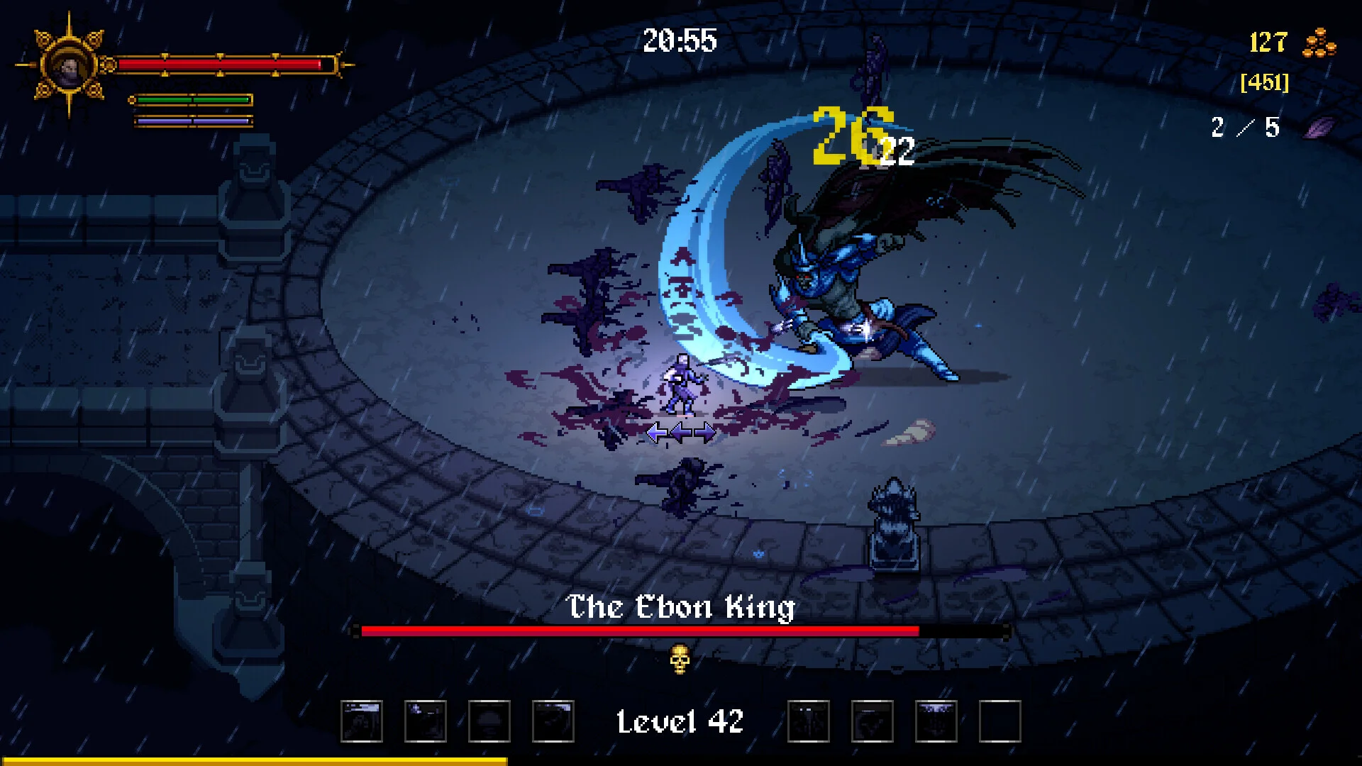 The Ebon King: raining arena, blue crescent slash, yellow 26, Level 42, 20:55