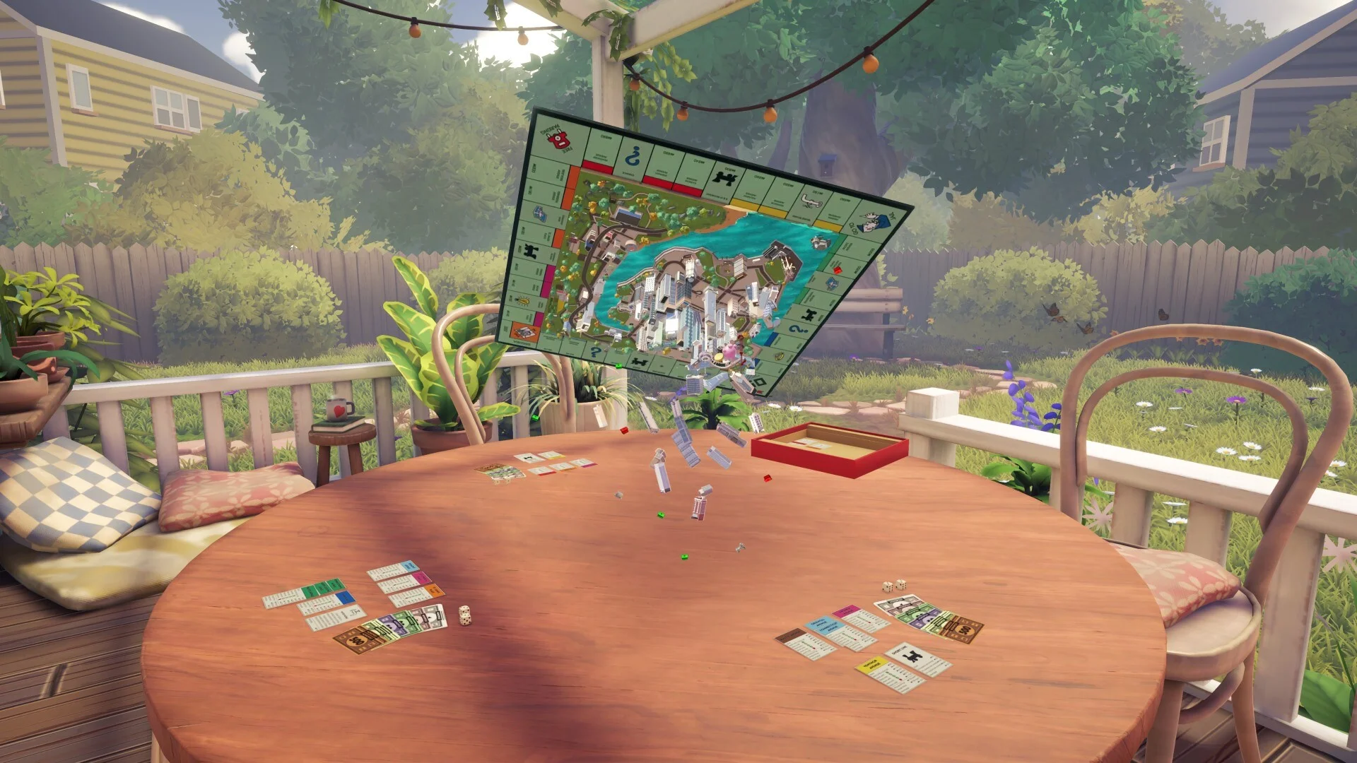 The Monopoly board flips off a porch table with tokens and cards falling, the jail move Xbox describes