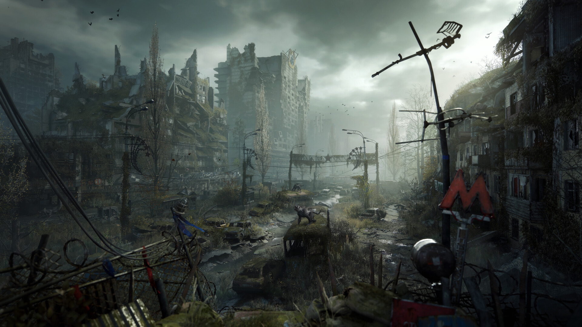 METRO 2039 screenshot of irradiated Moscow streets with a Metro M sign, wrecked vehicles, and mutants among the ruins