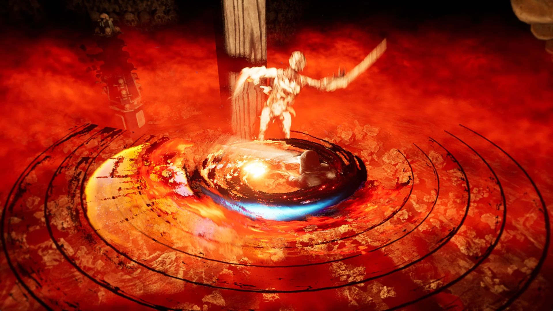 Red ritual floor, hooded fighter in a glowing ring facing a blurry sword-wielding monstrosity