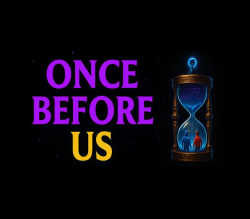 Logo Once Before Us obok świecącej klepsydry z dwiema postaciami