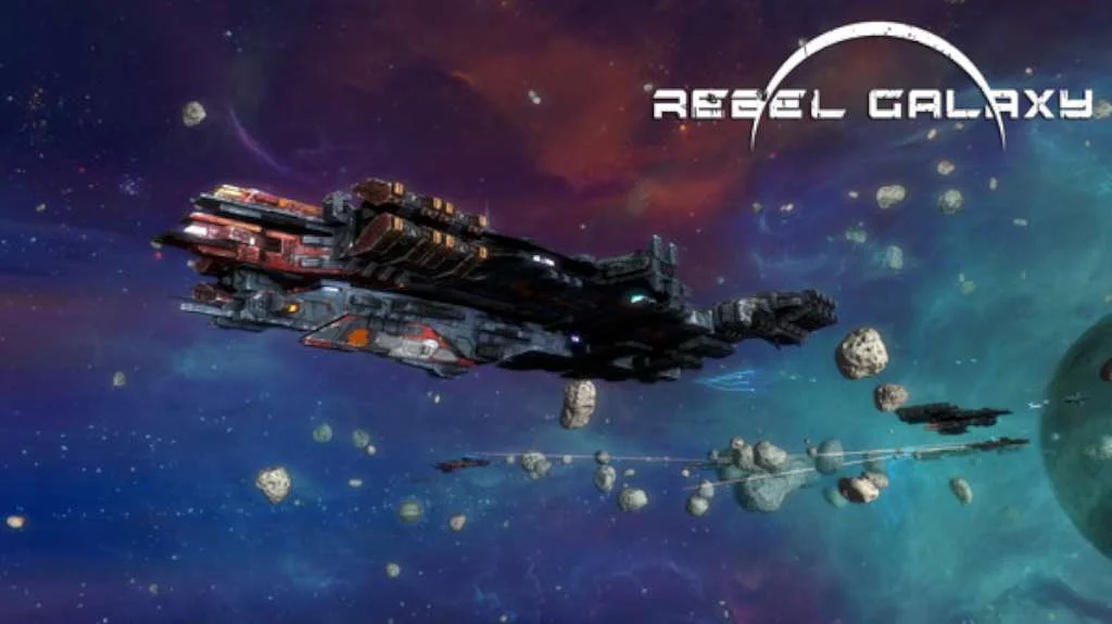 A ship among asteroids in a blue nebula