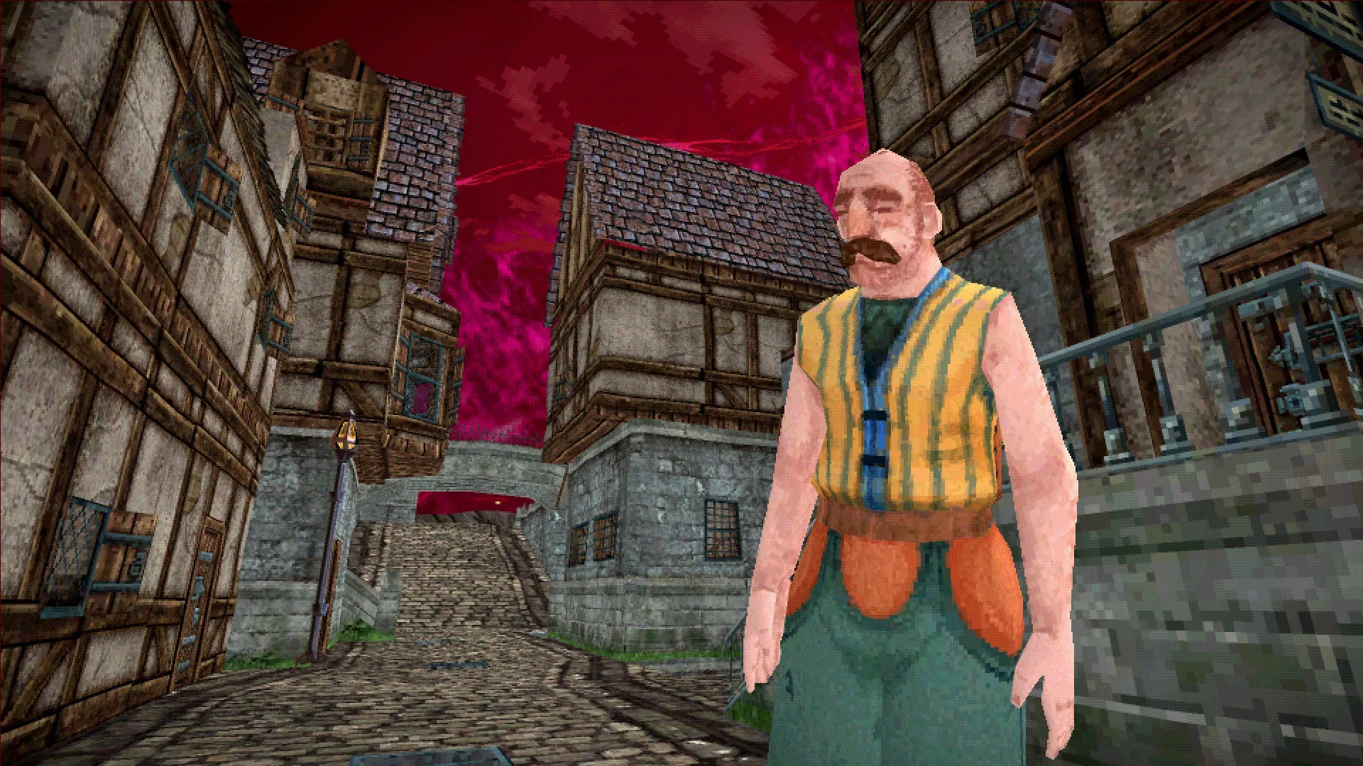 Mustached townsman in a yellow striped vest on a cobbled street between timber houses under a magenta sky