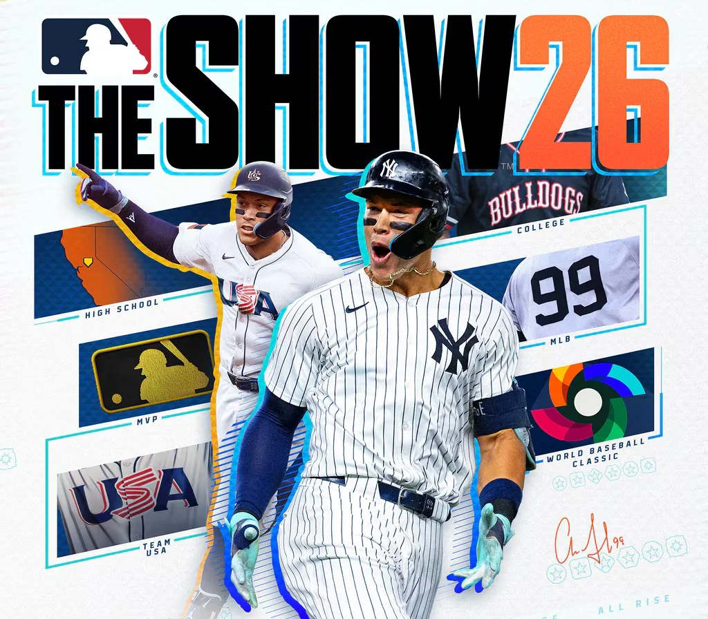 MLB The Show 26 cover with Aaron Judge in a Yankees uniform