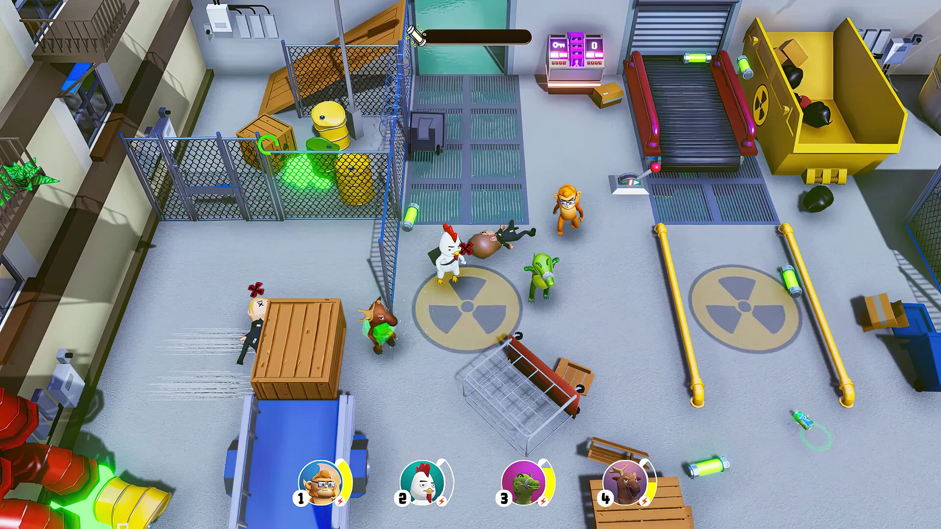 Four-player HUD in a nuclear warehouse with radiation floor marks