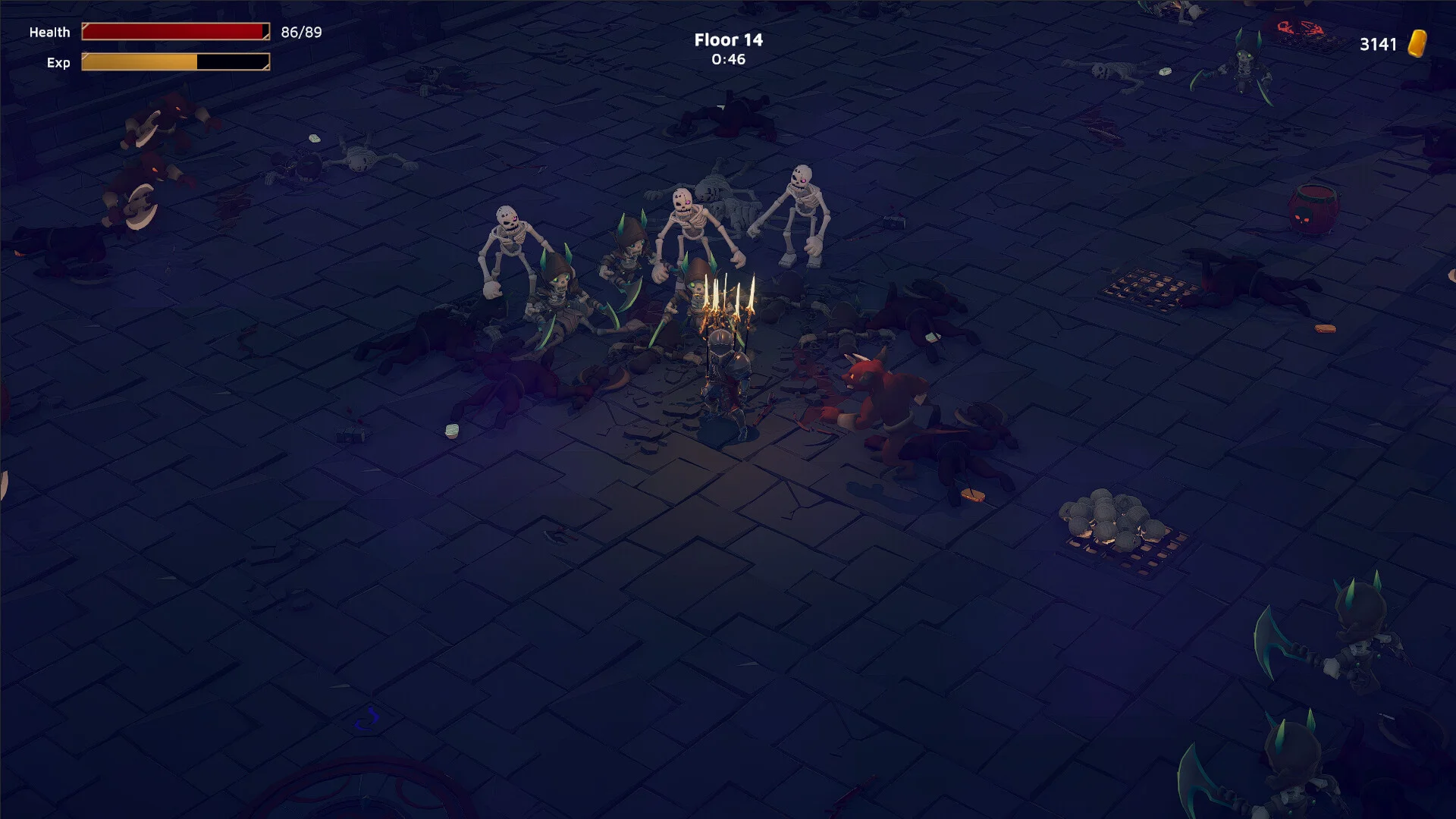Floor 14: a fighter among skeletons and horned corpses on blue stone tiles