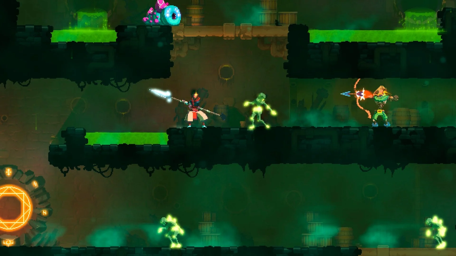 Green sewer: prisoner with a glowing spear, slime, green archer and orange hex HUD on dripping platforms