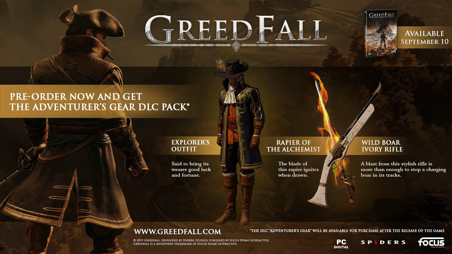 Adventurer’s Gear promo: Explorer’s Outfit, Rapier of the Alchemist, Wild Boar Ivory Rifle, Pre-order Now banner