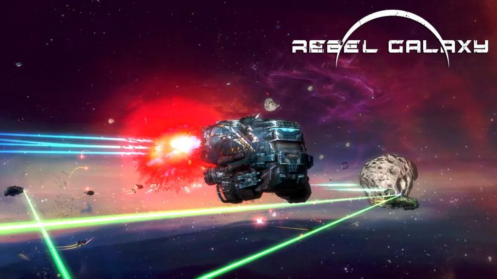 A ship casting green beams beside a red explosion