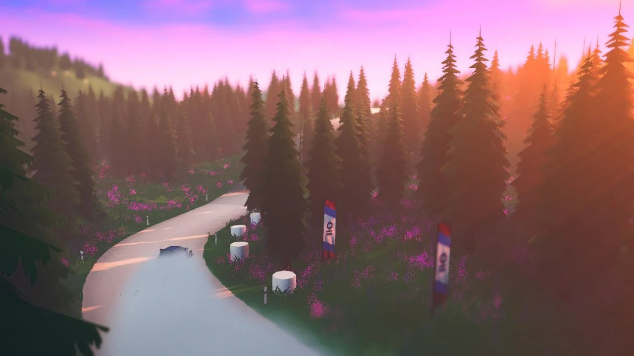 Top-down forest stage, dark-blue car on a pale dirt curve, hay bales, purple wildflowers, sunset pines