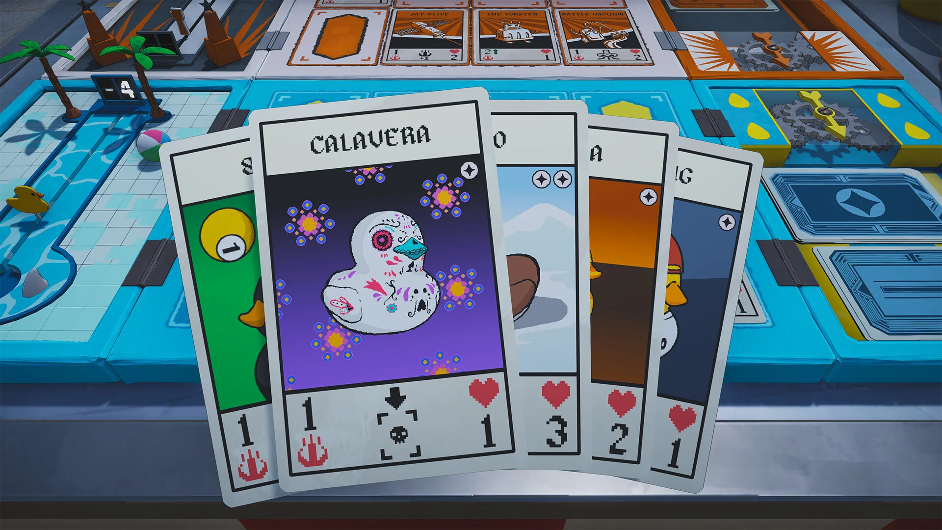 Pool table hand: Calavera sugar-skull duck card, hearts 1-3-2-1, score 4, palm trees