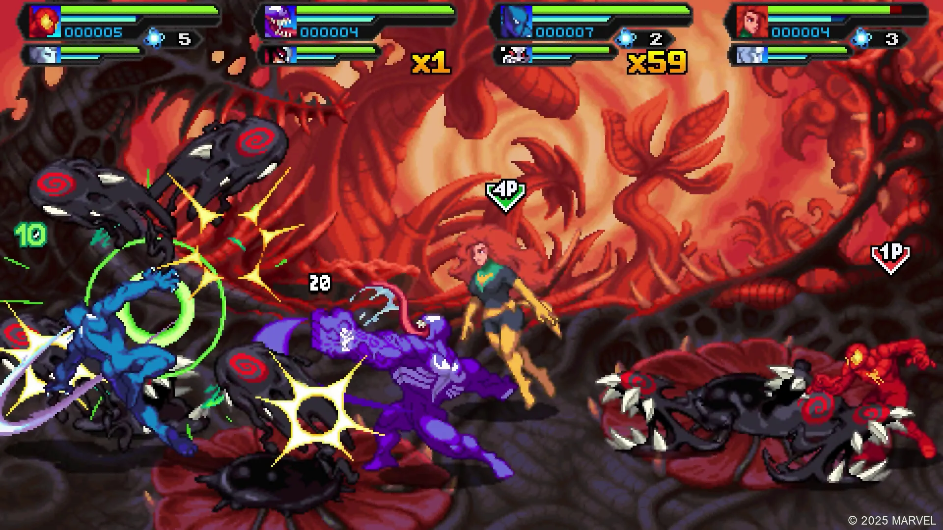 Four-player HUD with Venom, Phoenix and others fighting tentacle beasts in a red organic arena