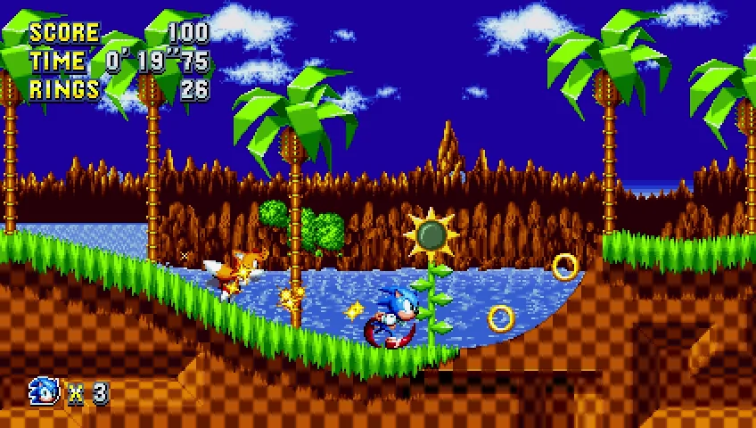 Sonic running through a green loop in a tropical zone.
