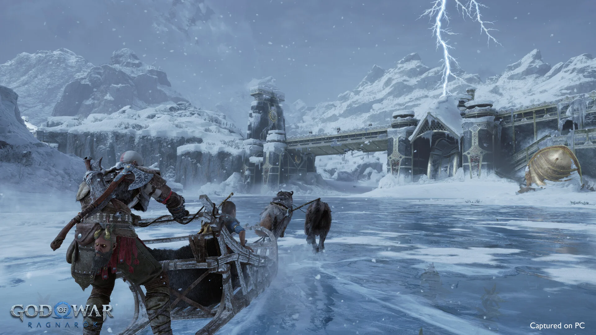God of War Ragnarök realm vista with temples and mountains