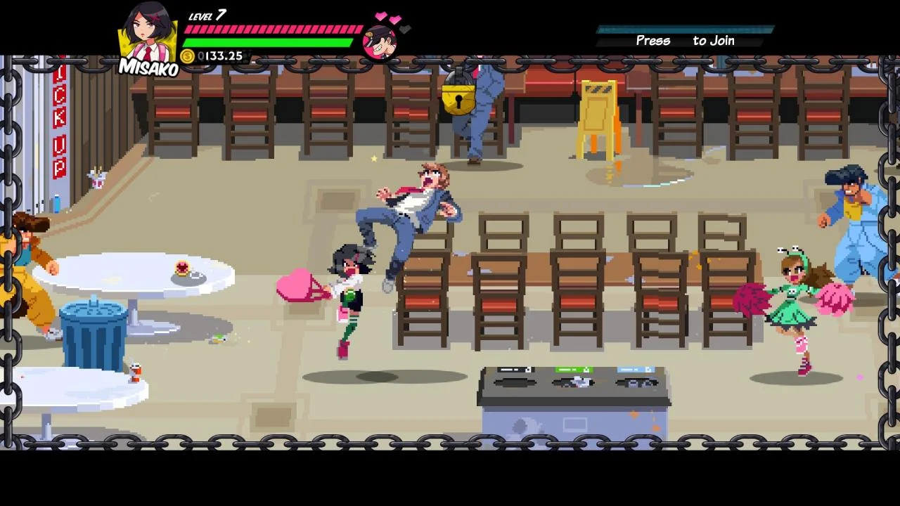 Misako knocks a man off a restaurant chair with a pink bag while a cheerleader and cook share the floor