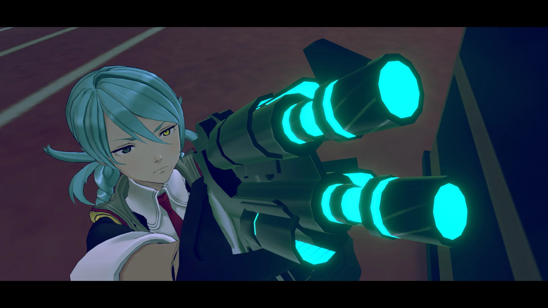 A pale-haired character aiming twin glowing cyan barrels
