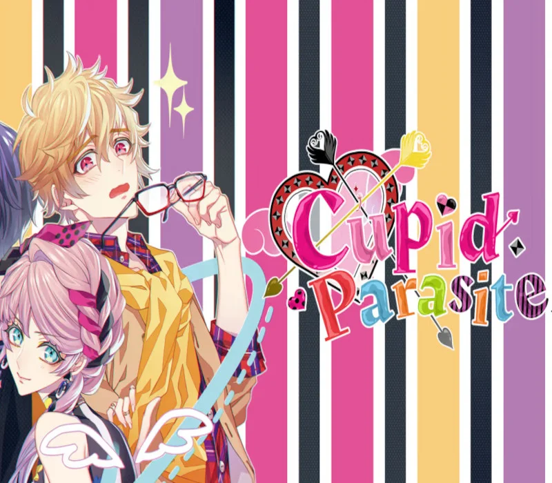 Okładka Cupid Parasite z Lynette i blondwłosym kandydatem obok barwnego logo gry