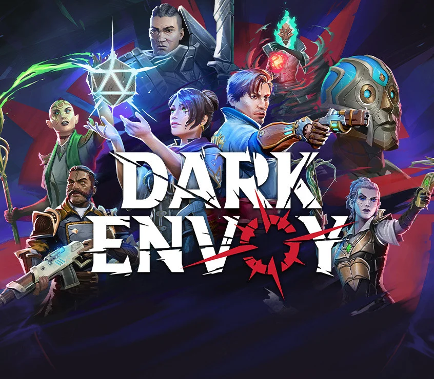 Dark Envoy cover: party around DARK ENVOY title, icosahedron glow and a skull-faced robot