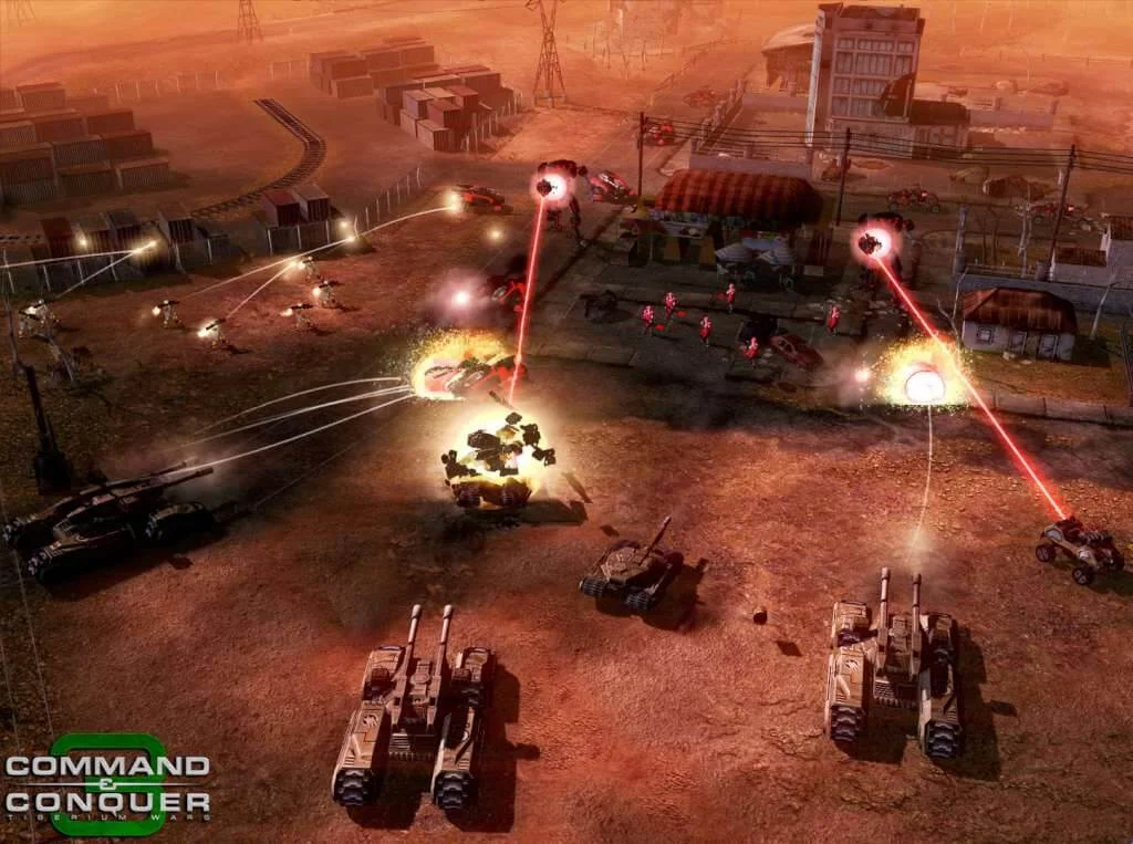 Desert battlefield with a vehicle firing a red beam.