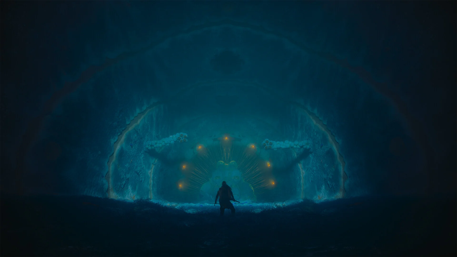 A silhouette stands before a blue cavern arch with a glowing central form and orange sparks