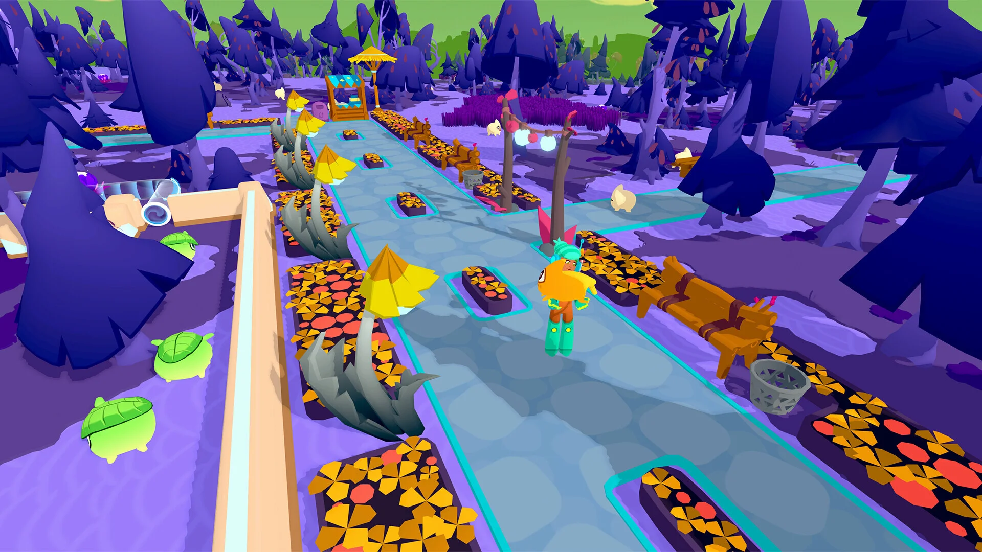 Purple farm path: yellow intern, orange crop beds, wooden benches, green turtle-like Morps