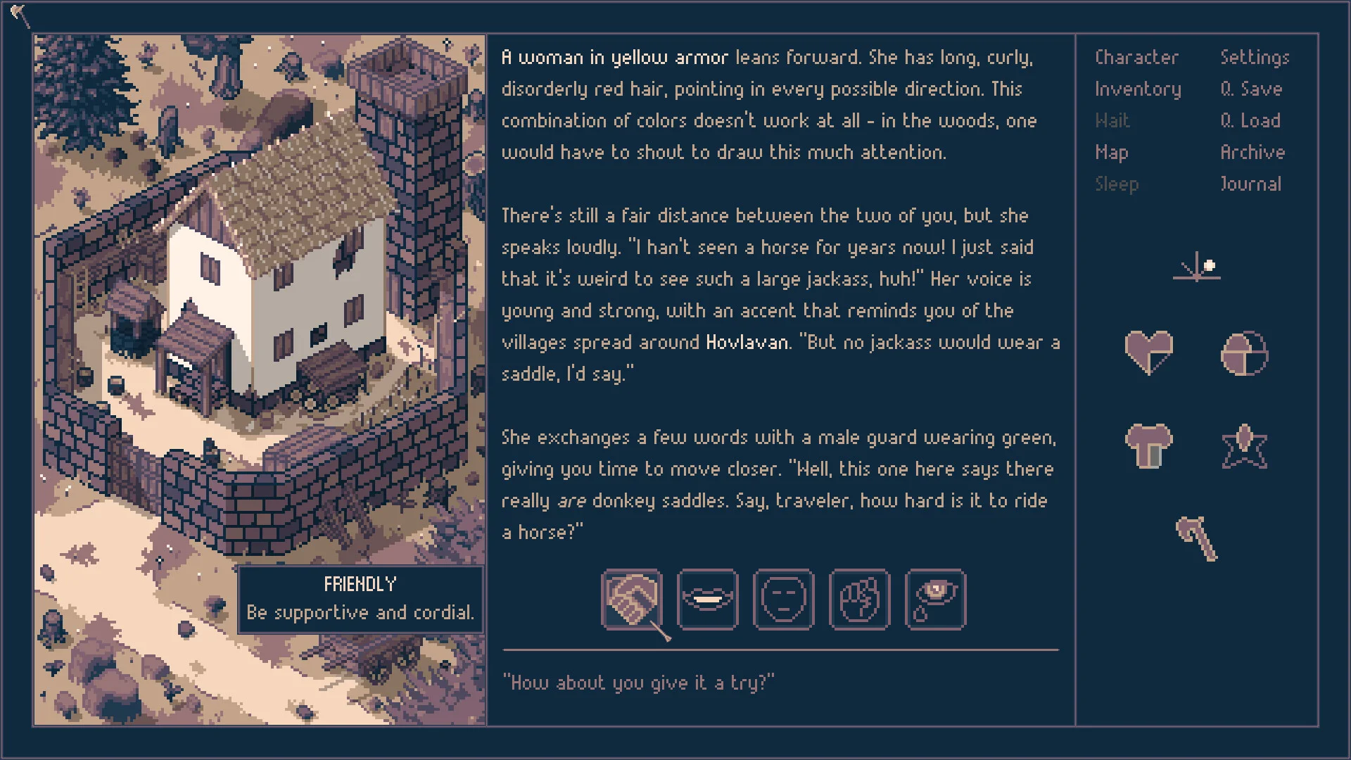 Isometric walled house with a tower, long dialogue text, FRIENDLY stance and inventory icons on a dark panel