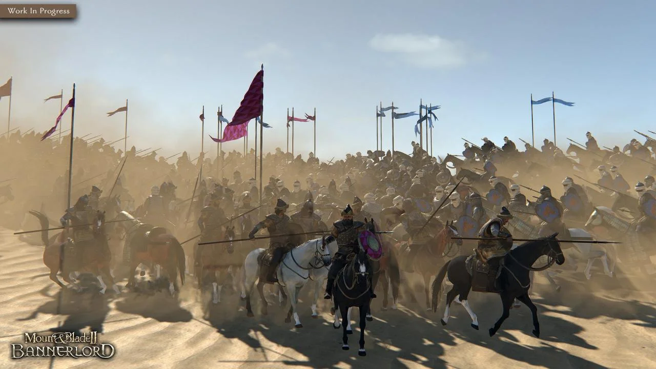 Dusty cavalry melee under a pink-red banner, riders on white and dark horses with spears and mixed shields