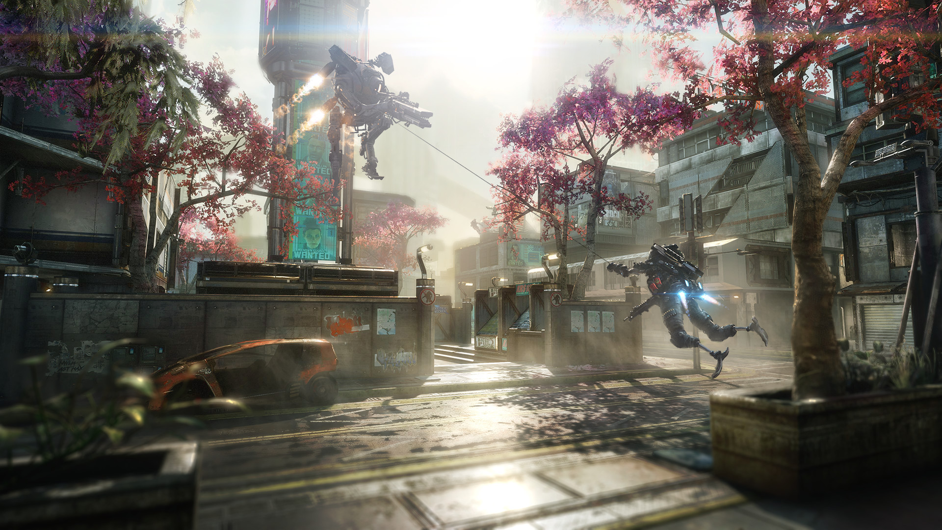 Pilot dashes through a neon city under a hanging titan